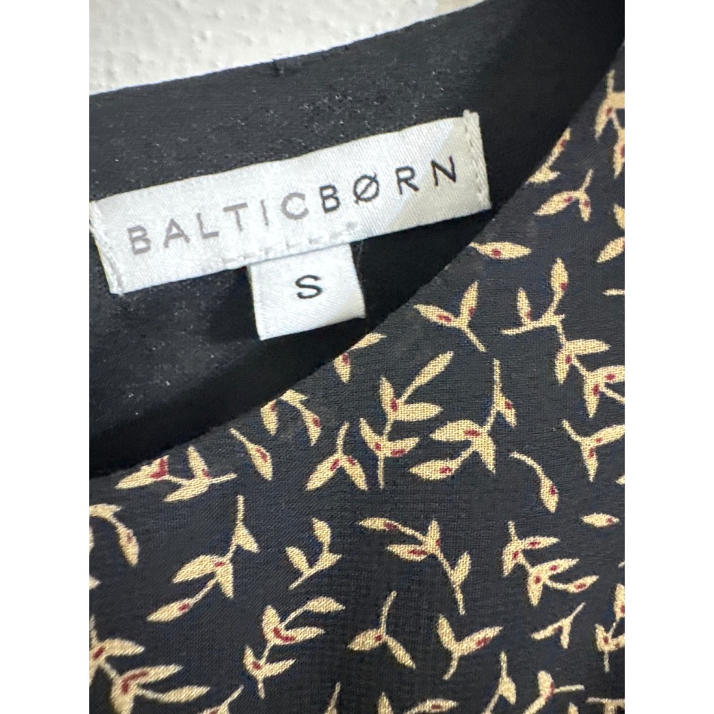 Baltic Born Prim Pleated Dress Black Tan Leaf Print  Short Flutter Sleeve Small - Picture 3 of 9